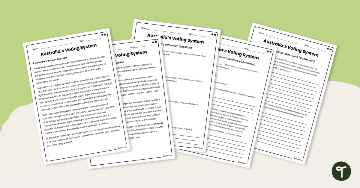 Australia's Voting System – Comprehension Worksheets teaching resource