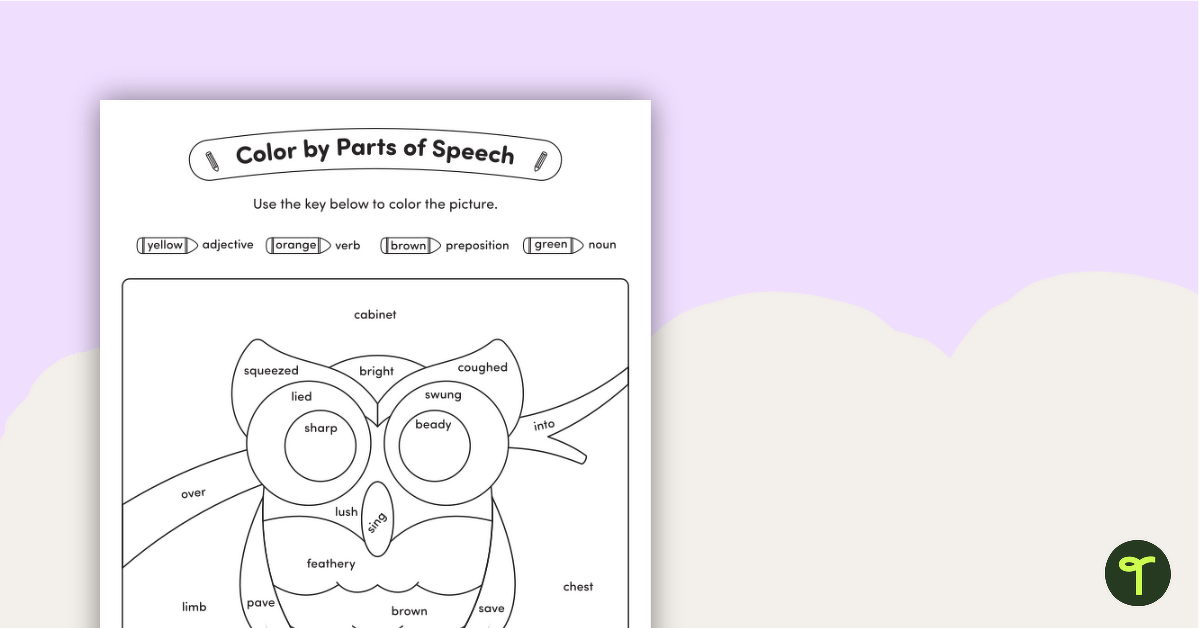 Color by Parts of Speech (Nouns, Verbs, Prepositions, and Adjectives) – Owl teaching resource
