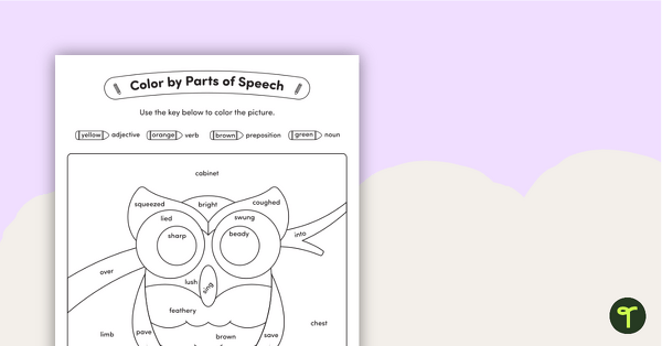 Go to Color by Parts of Speech (Nouns, Verbs, Prepositions, and Adjectives) – Owl teaching resource