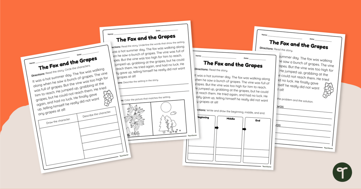 Story Elements Worksheets – The Fox and the Grapes teaching resource