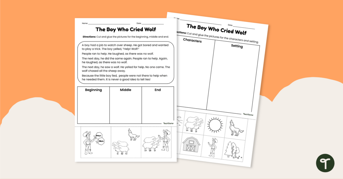 Story Elements Cut and Paste Worksheets – The Boy Who Cried Wolf teaching resource