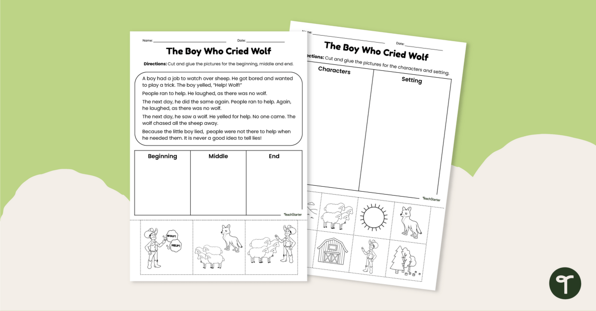 Story Elements Cut and Paste Worksheets - The Boy Who Cried Wolf teaching resource