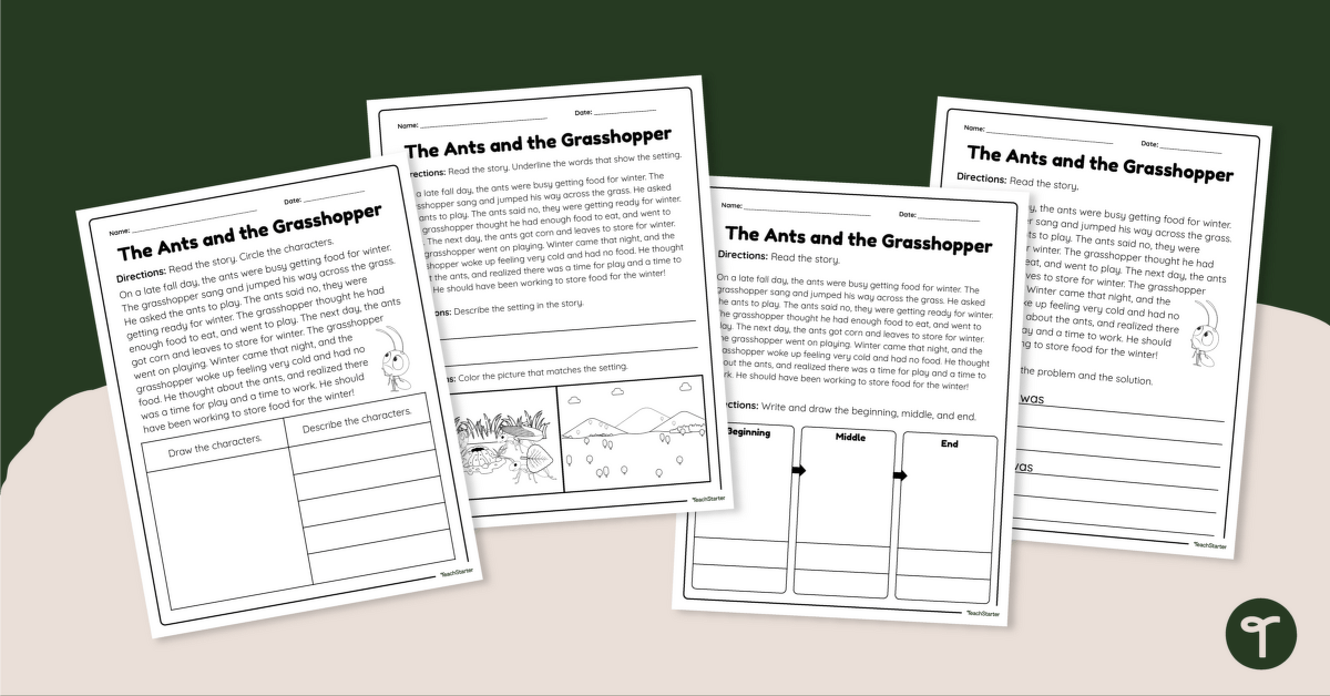 Story Elements Worksheets – The Ants and the Grasshopper teaching resource