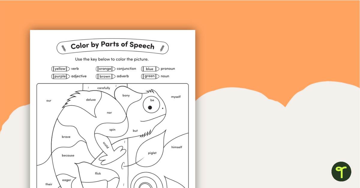 Color by Parts of Speech Chameleon Worksheet (Nouns, Verbs, Adjectives, Adverbs, Conjunctions and Pronouns) teaching resource