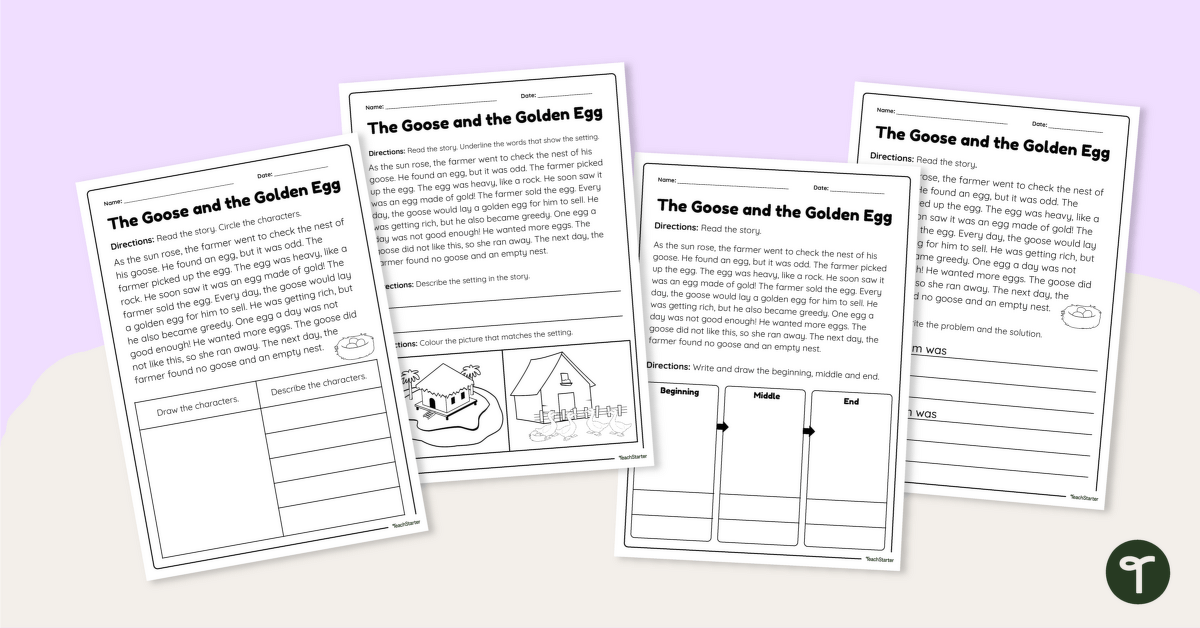 Story Elements Worksheets – The Goose and the Golden Egg teaching resource