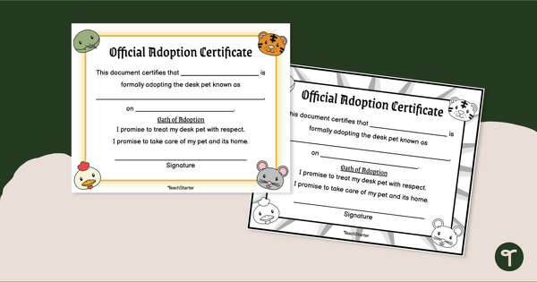 Go to Desk Pet Adoption Certificate teaching resource