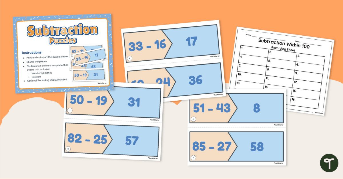 2-Digit Subtraction Within 100 - Puzzles teaching resource