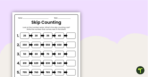 Go to Skip Counting Worksheets (Complete the Series) teaching resource