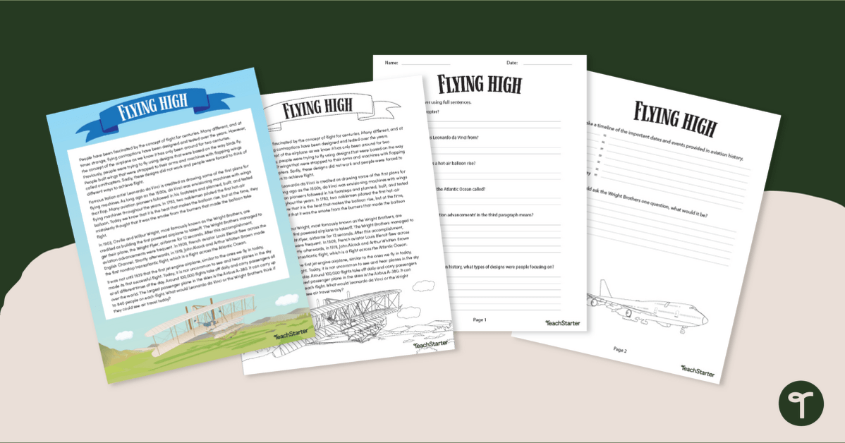 Comprehension – History of Flight Reading Worksheets teaching resource