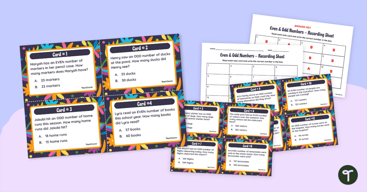 Even and Odd Numbers Task Cards - Word Problems teaching resource