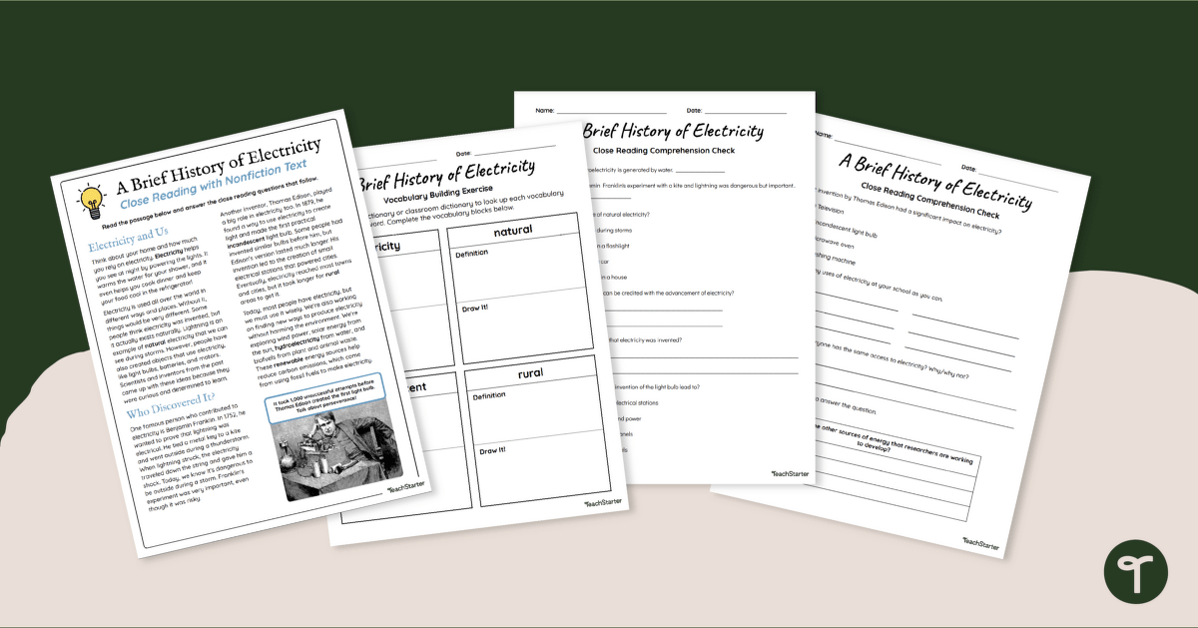 Reading Comprehension Worksheets - The History of Electricity teaching resource