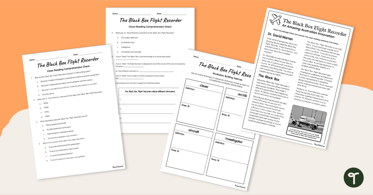 Famous Inventors - Dr. Warren and The Black Box Comprehension Worksheets teaching resource