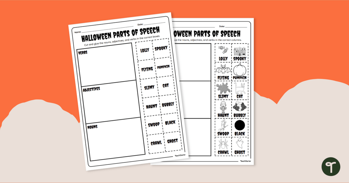 Halloween Parts of Speech - Cut and Paste Worksheet teaching resource
