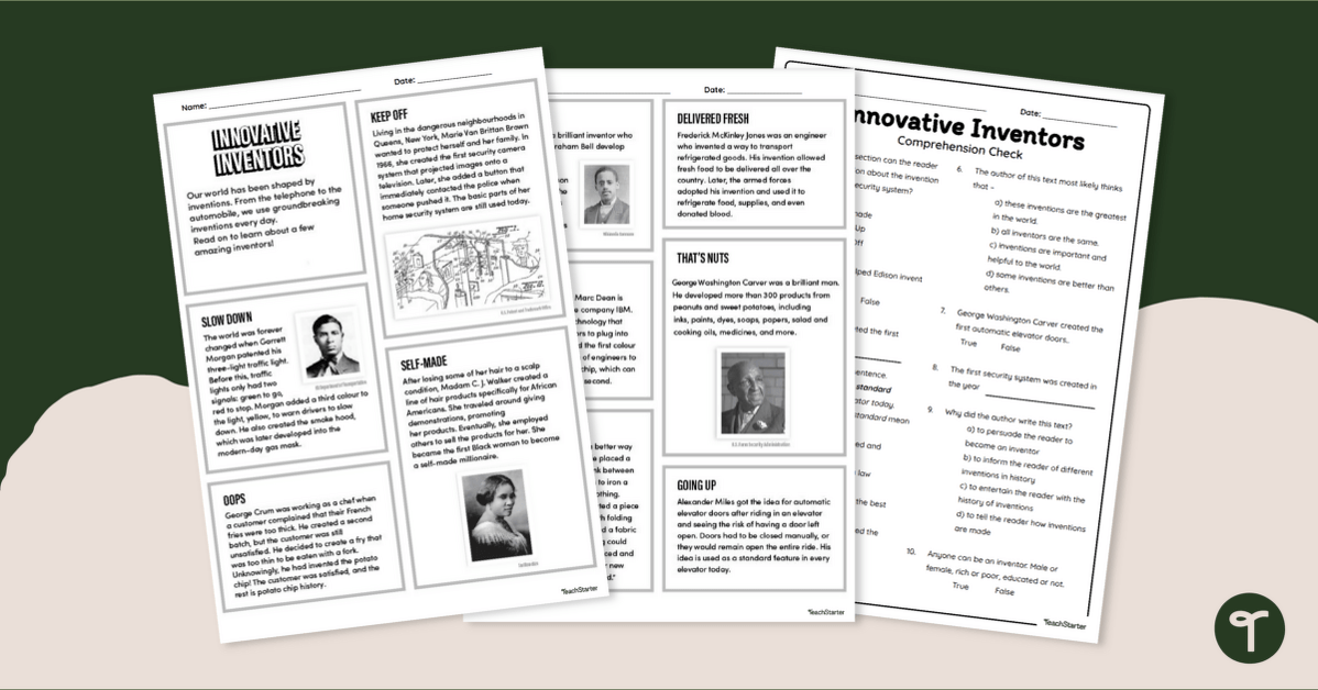 Innovative Inventors - Year 4 Reading Comprehension Worksheet teaching resource