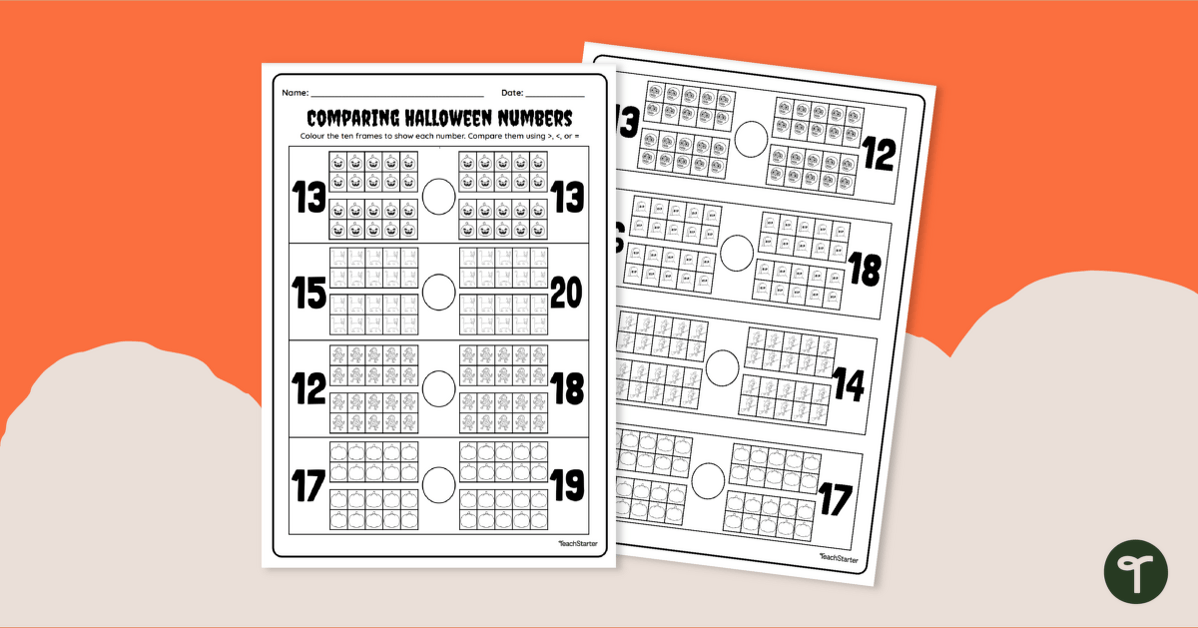 Halloween Comparing Numbers Worksheet - Ten Frames teaching resource