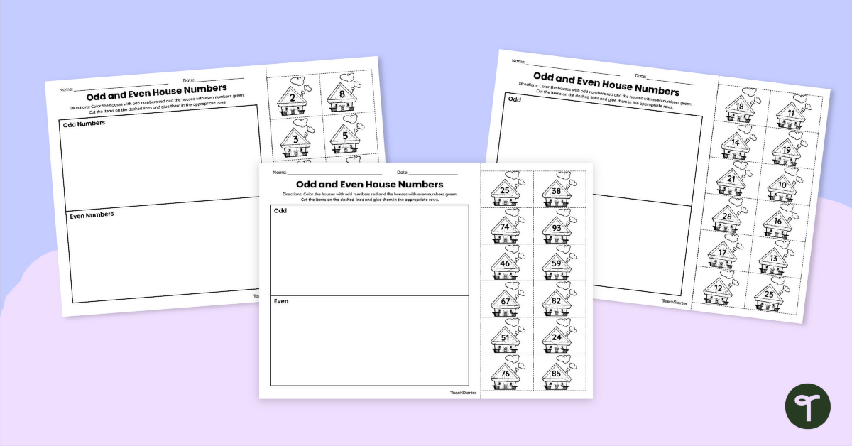 2nd Grade Odd and Even House Numbers Cut and Paste Worksheet teaching resource