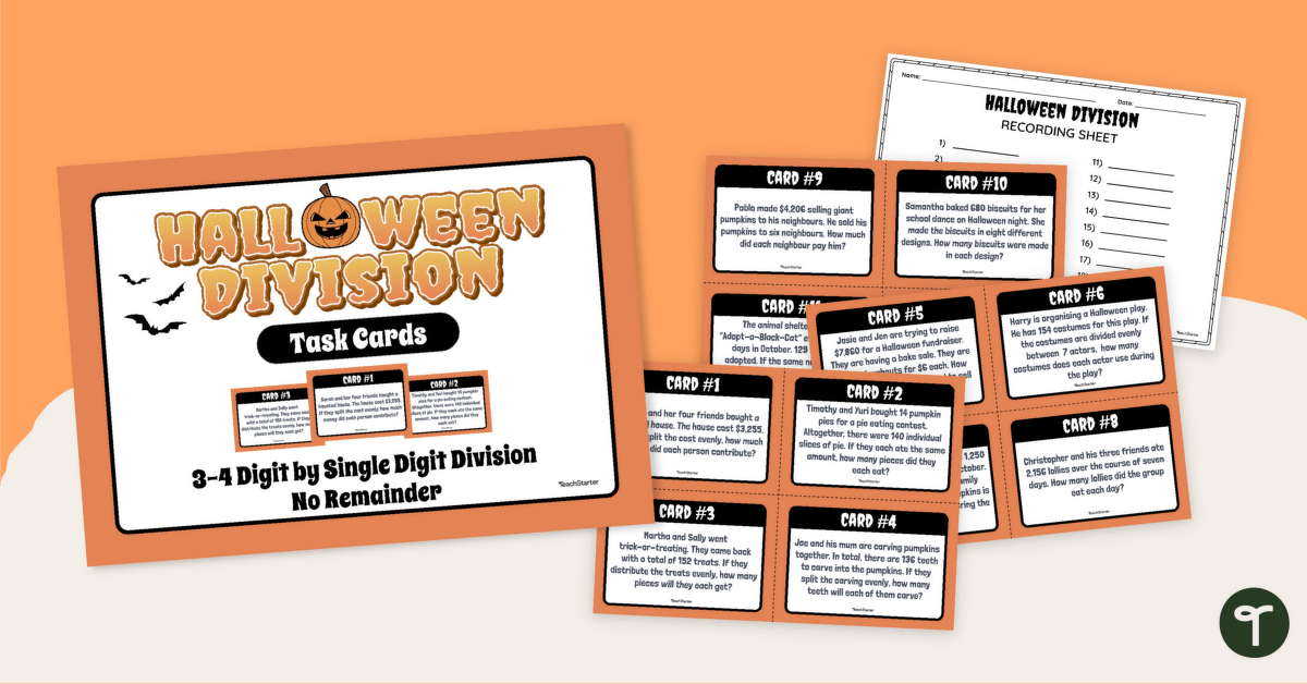 Halloween Themed Division Word Problems - Task Cards teaching resource