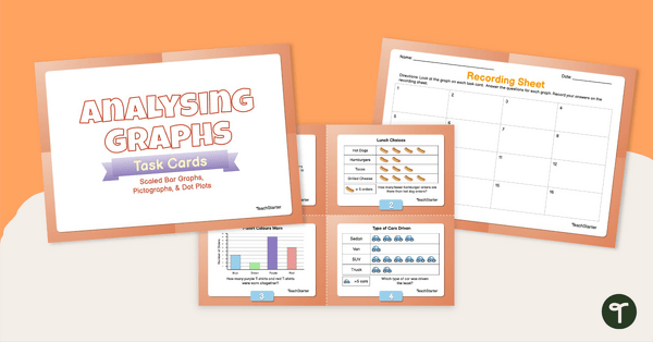 Image of Analysing Graphs — Scaled Bar Graphs, Pictographs, & Dot Plots —Task Cards