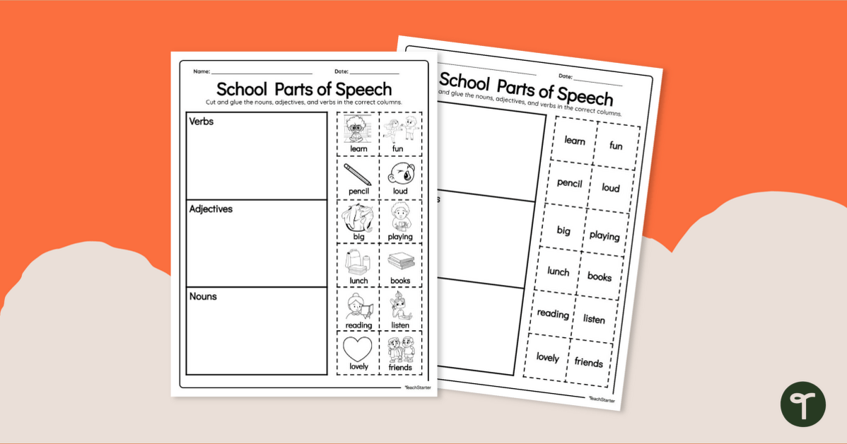 Nouns, Verbs and Adjectives Cut and Paste Worksheet teaching resource