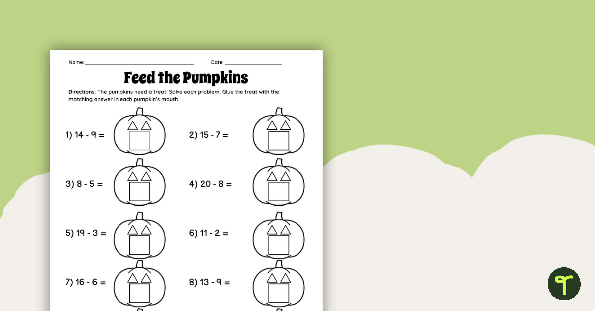 Feed the Pumpkins - 1st Grade Subtraction Worksheet teaching resource