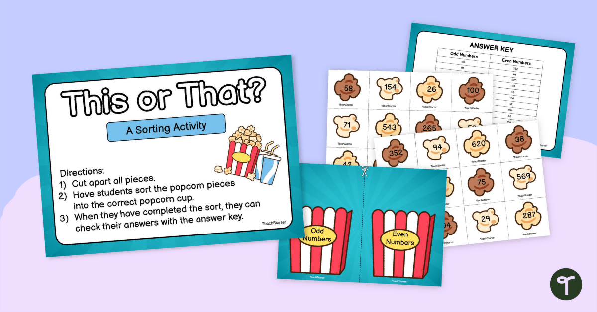 2nd Grade Odd or Even Number Popcorn Sorting Activity teaching resource
