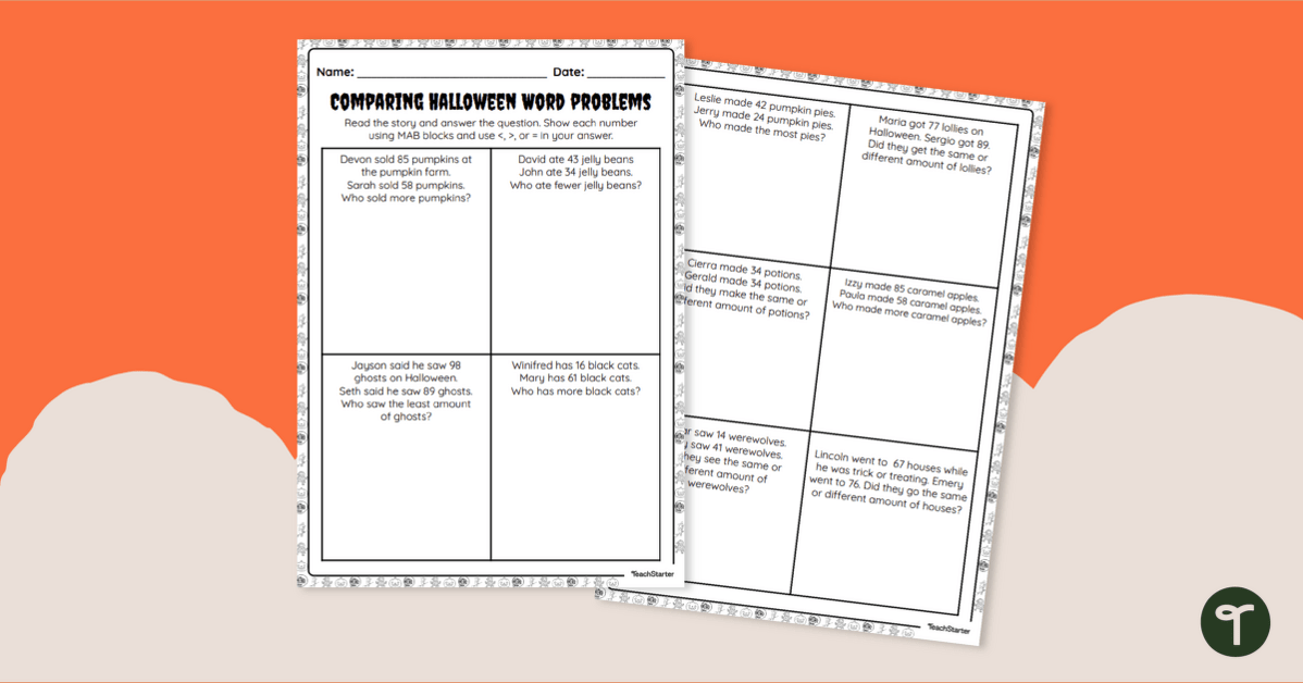Comparing Numbers-Halloween Word Problems teaching resource