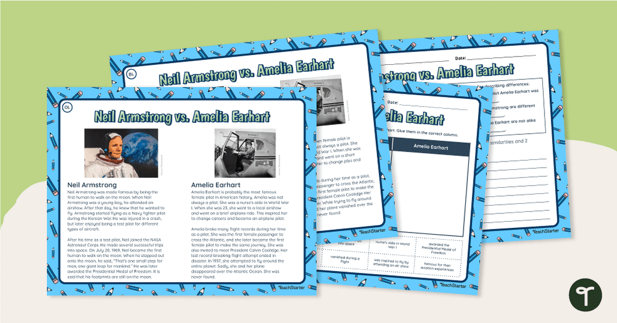 Compare and Contrast Worksheets - Neil Armstrong vs. Amelia Earhart teaching resource