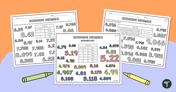 Go to Rounding Decimals – Differentiated 5th Grade Color by Code Worksheet teaching resource