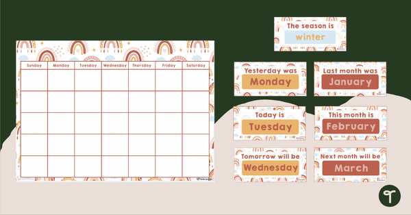 Image of Classroom Calendar Display - Rainbow Boho Theme