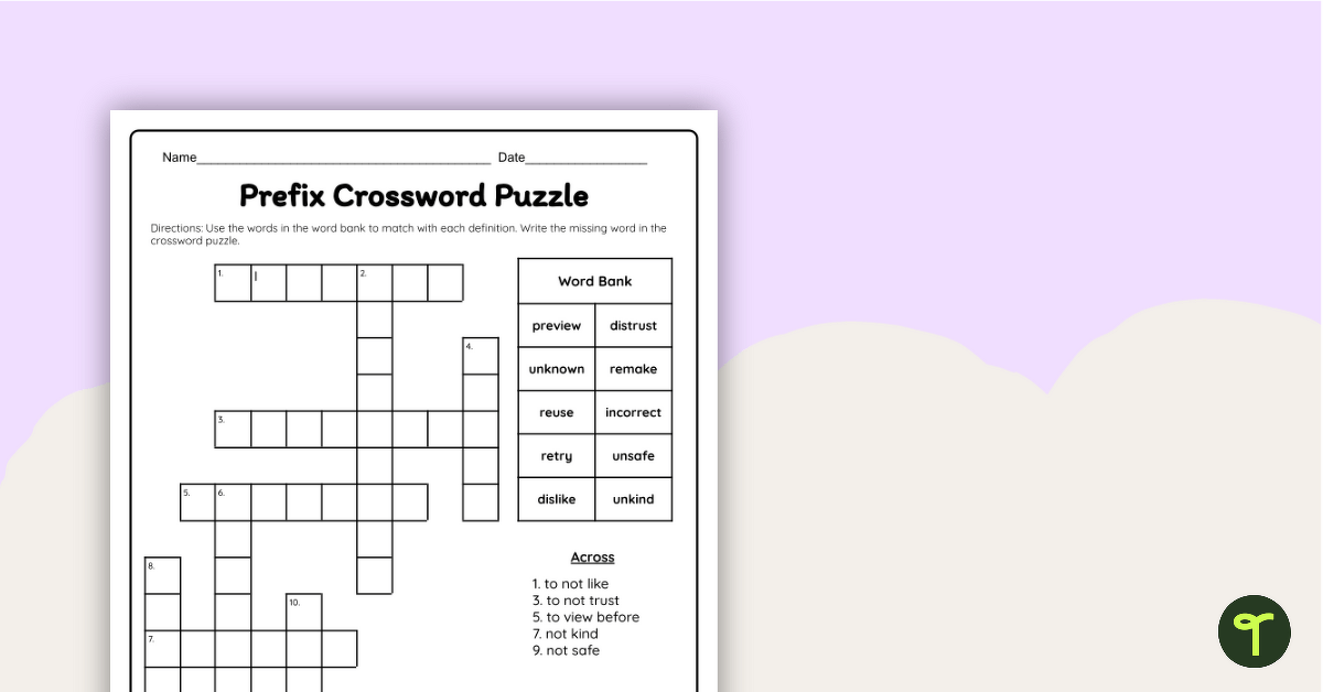 Prefix Crossword Puzzle teaching resource