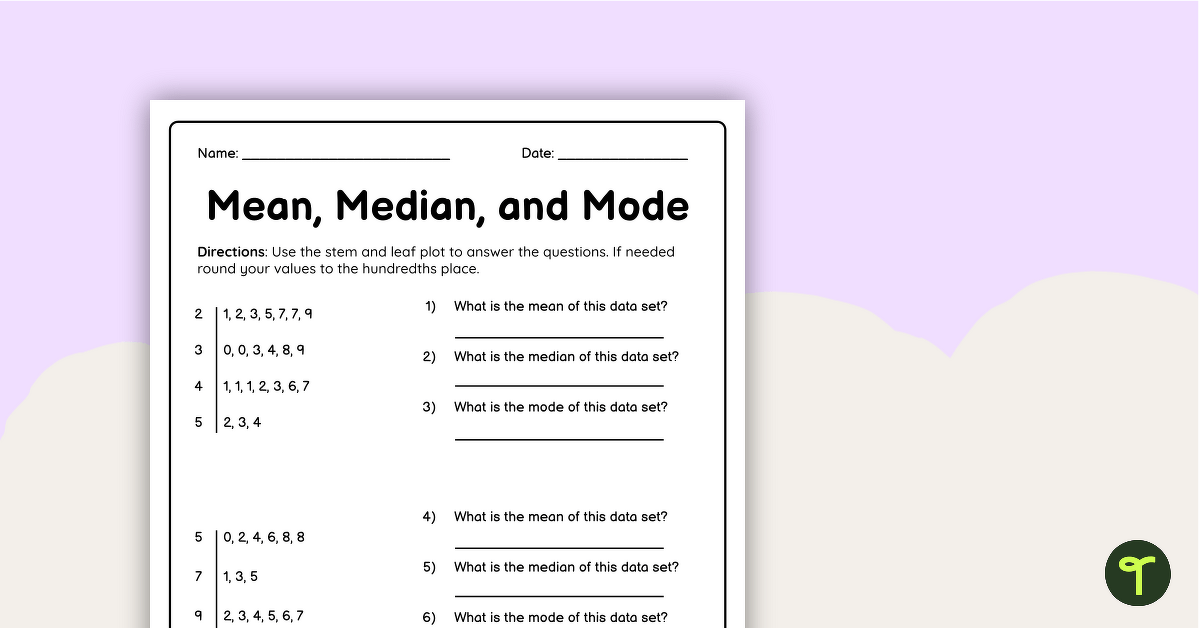 Mean Median Mode Worksheet teaching resource
