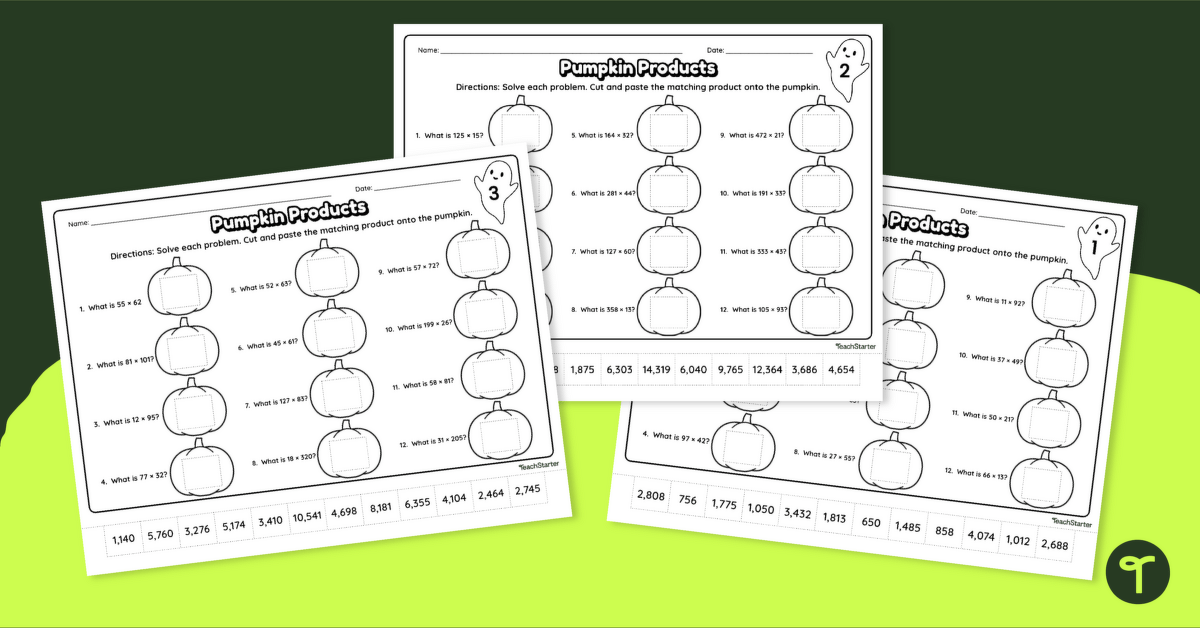 2 and 3-Digit Multiplication Worksheets- Halloween Cut and Paste teaching resource