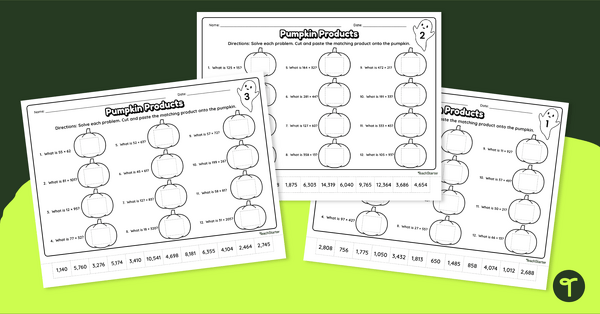 Go to 2 and 3-Digit Multiplication Worksheets- Halloween Cut and Paste teaching resource