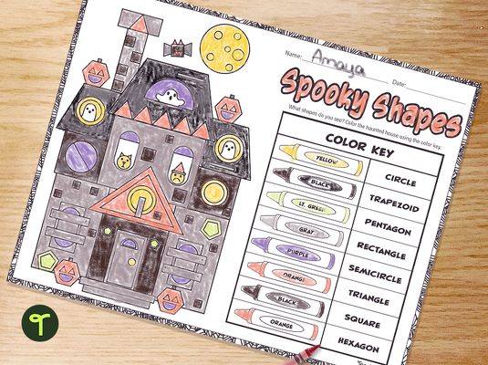 Halloween Shapes - Color By 2D Shapes Worksheet teaching resource