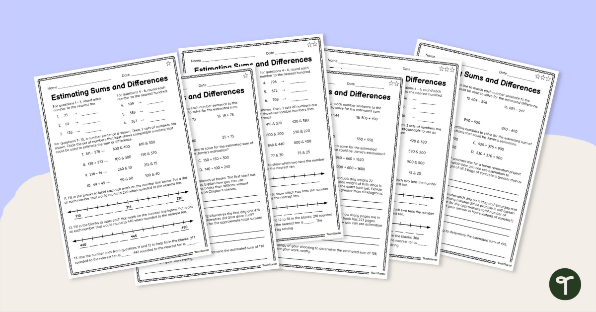 Estimating Sums and Differences Differentiated Worksheets teaching resource