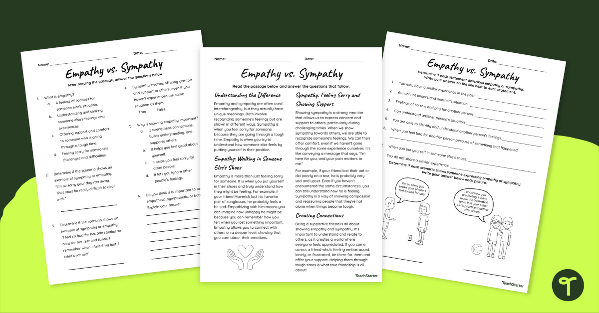 Empathy vs. Sympathy – 5th Grade Reading Comprehension Worksheet teaching resource