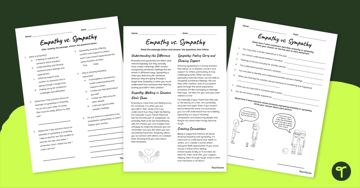 Empathy vs. Sympathy Reading Comprehension Worksheet teaching resource