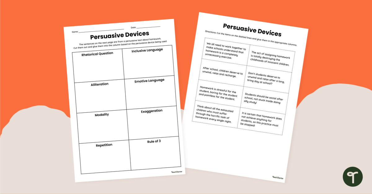 Persuasive Device Examples – Cut and Paste Worksheet teaching resource