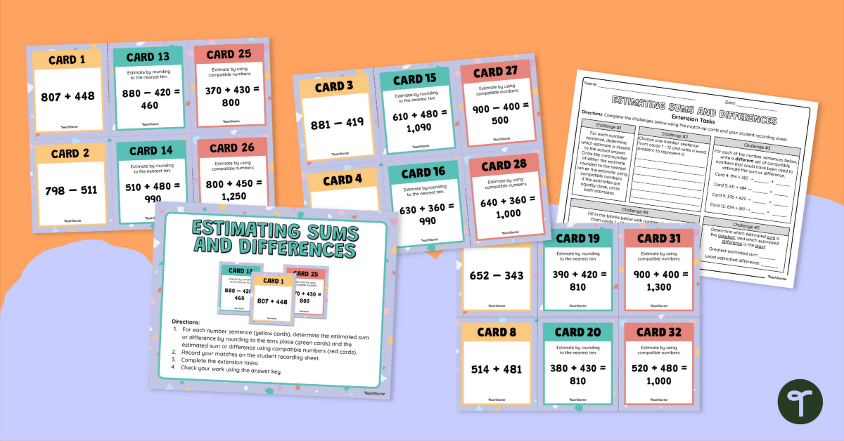 Estimating Sums and Differences Matching Activity and Extension Task teaching resource