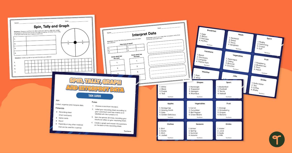 Spin, Tally, Graph and Interpret Data Task Card Activity teaching resource