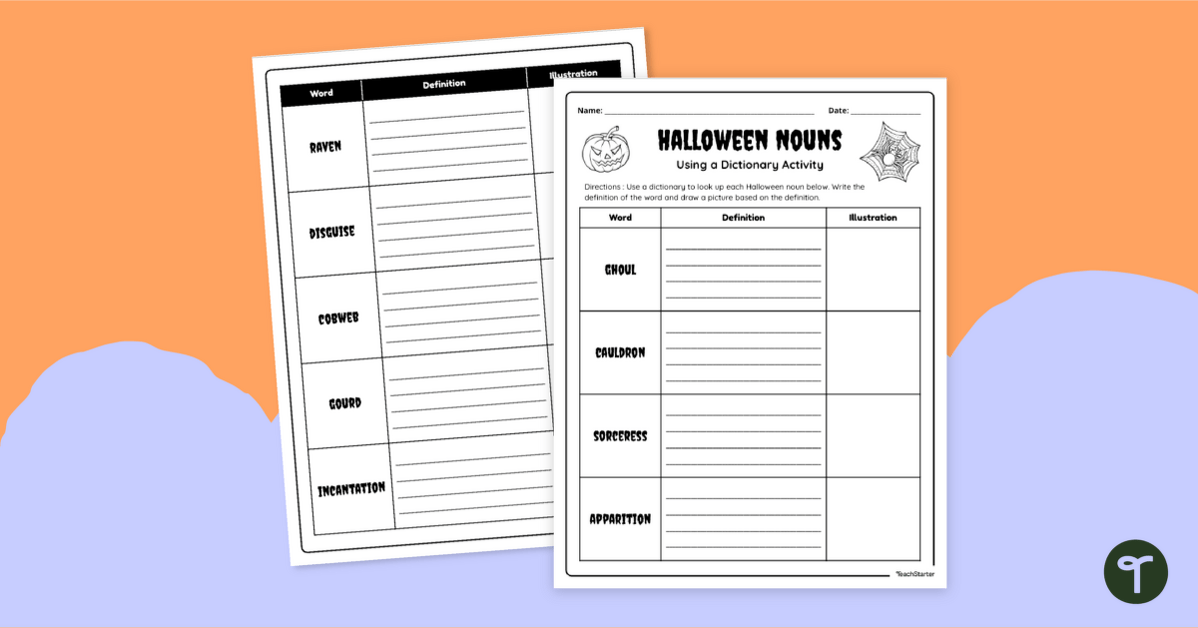 Halloween Nouns - Using a Dictionary Worksheet teaching resource