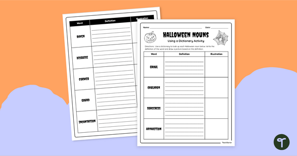 Go to Halloween Nouns - Using a Dictionary Worksheet teaching resource