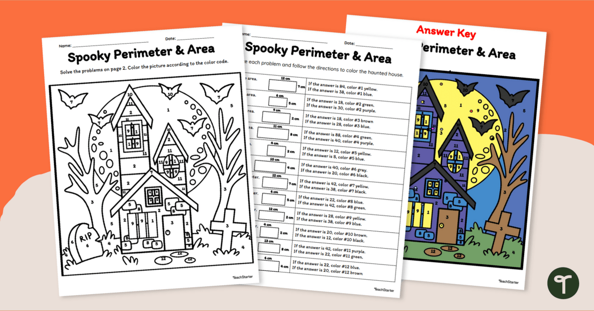 Halloween Area and Perimeter Colour by Number Worksheet teaching resource