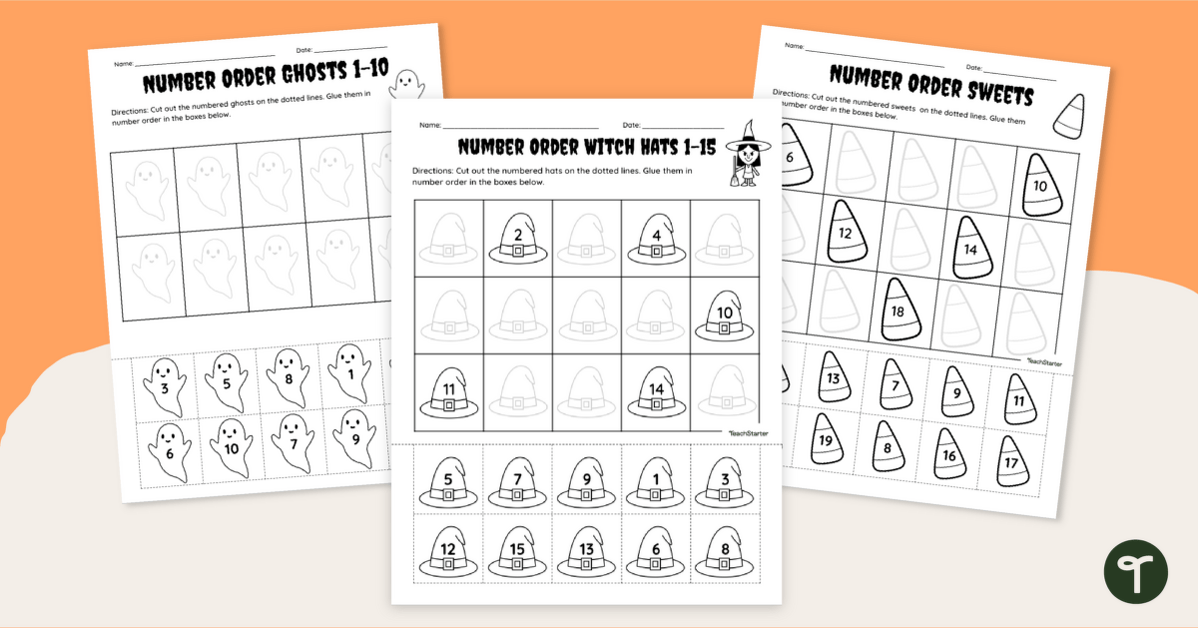 Ordering Numbers Worksheet - Halloween Cut and Paste teaching resource
