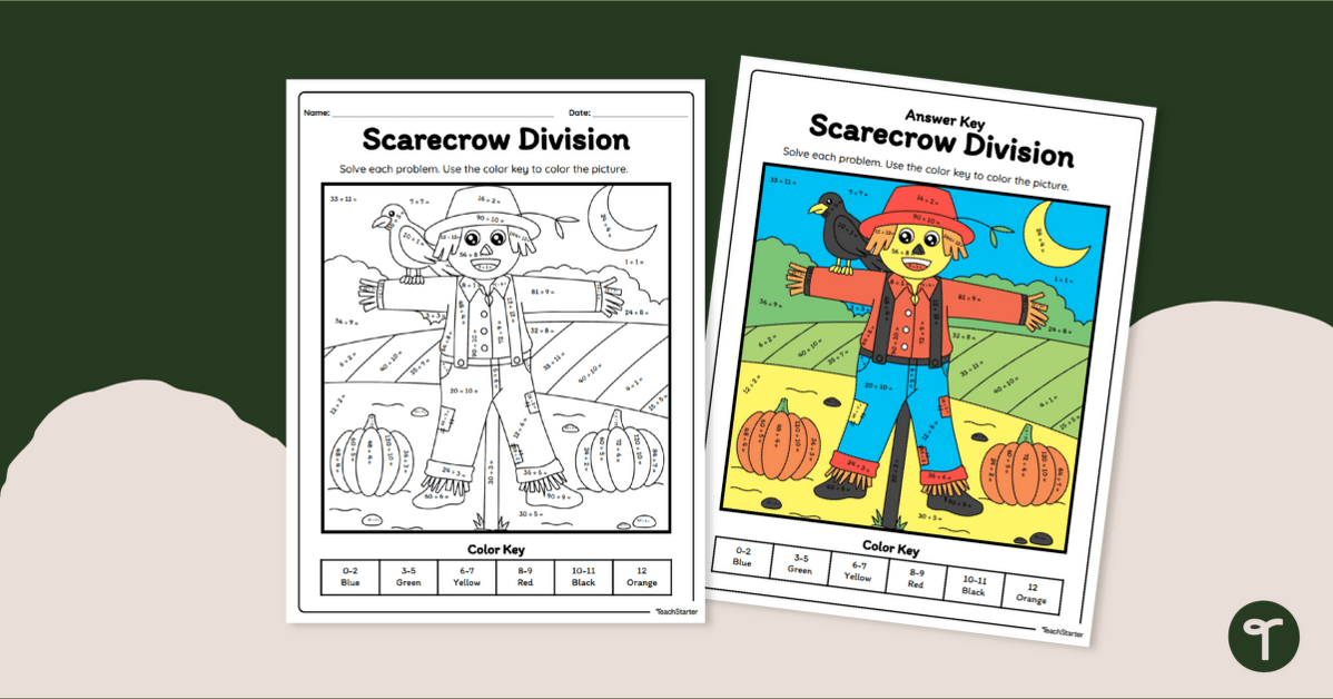 Scarecrow Division Color by Number Worksheet teaching resource