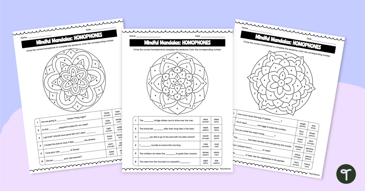 Homophone Mandala Flower Worksheets teaching resource