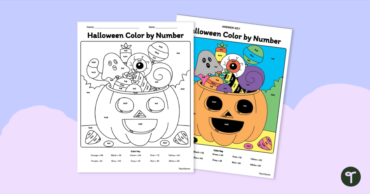 Halloween Multiplication Color By Number Worksheet teaching resource