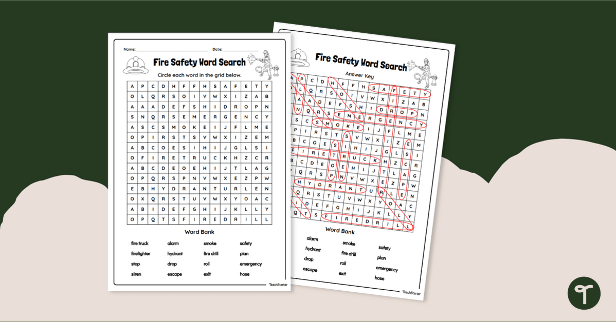 Fire Safety - Printable Word Find teaching resource