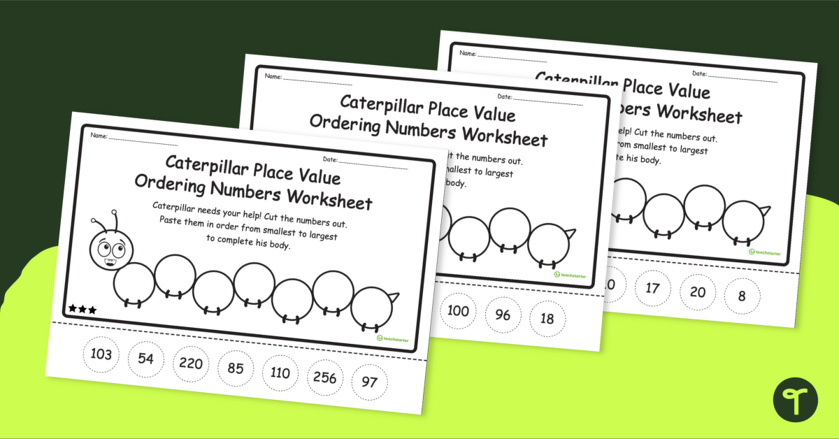 Caterpillar Ordering Numbers Worksheet - Dot Day Math Activity teaching resource