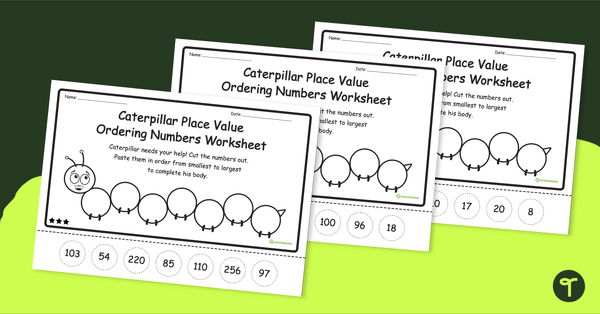 Image of Caterpillar Ordering Numbers Worksheet - Dot Day Math Activity